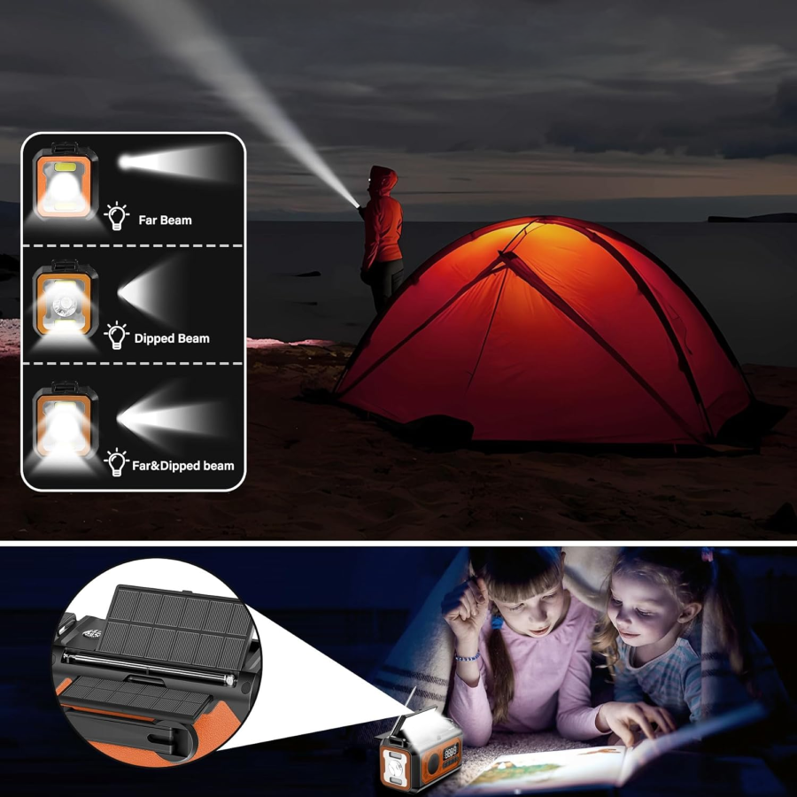 Camping scene with a tent, solar panel, and Tiverno Emergency Radio, featuring different beam modes.