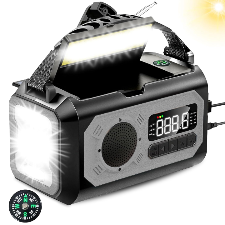 Multifunctional device with flashlight, Tiverno Emergency Radio, and digital display on a white background