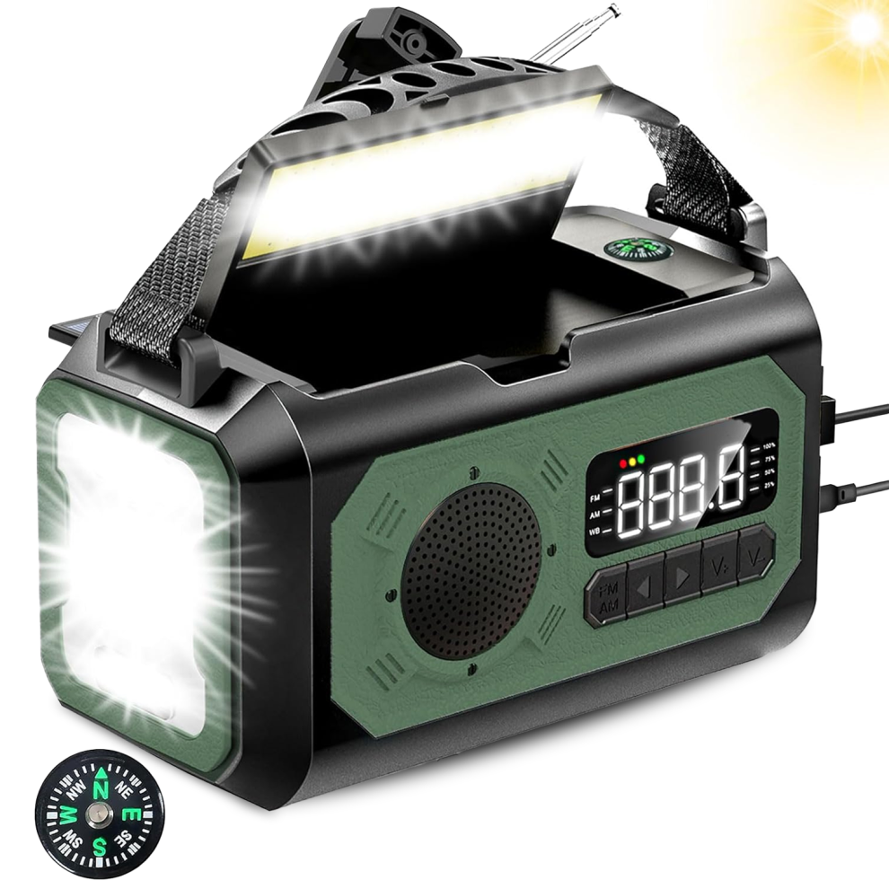 Portable Tiverno Emergency Radio with flashlight and digital display on a white background