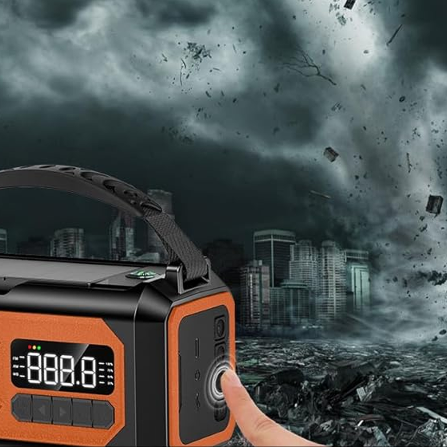 Tiverno Emergency Radio Portable  with a hand pressing a button against a backdrop of a city under a stormy sky.