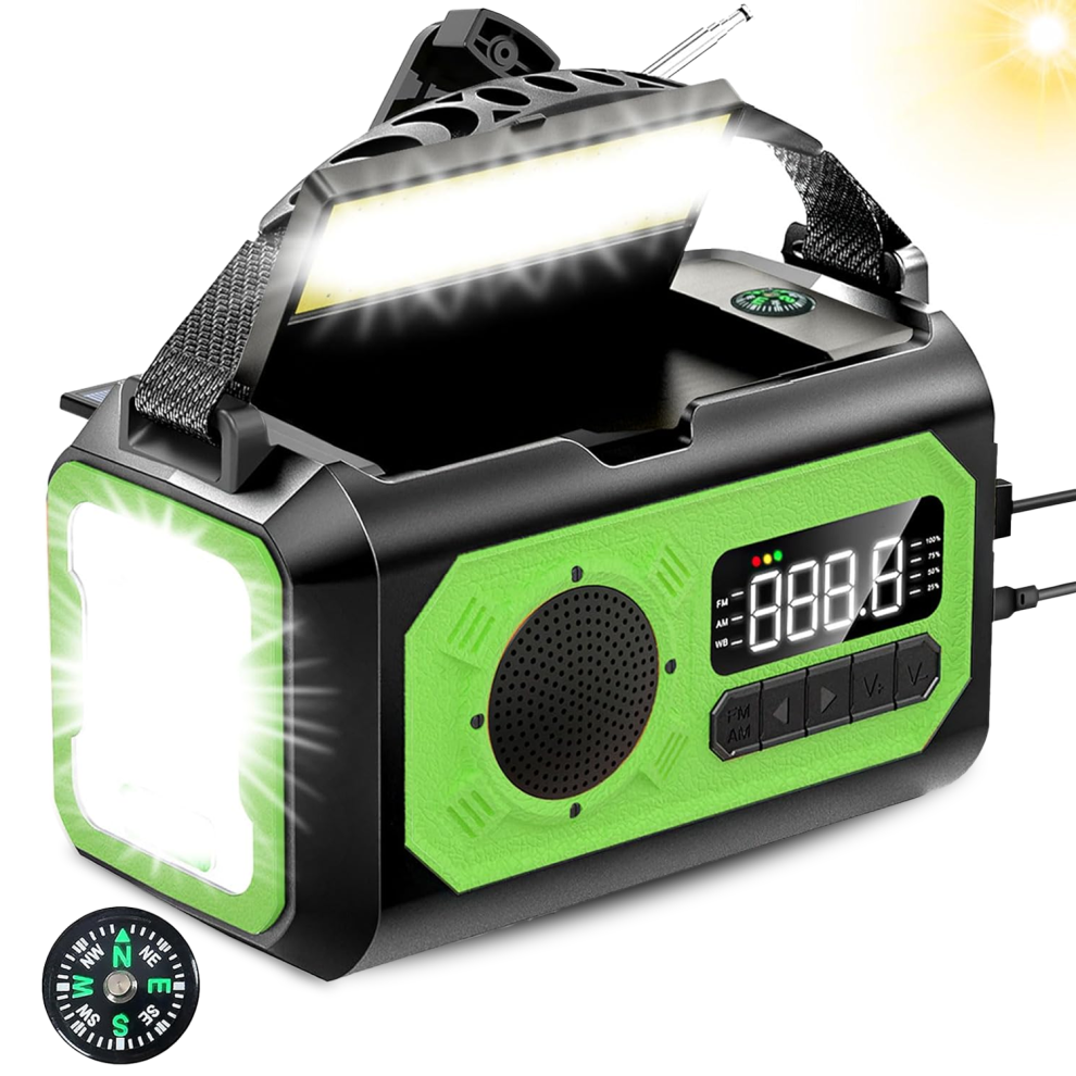 Green and black portable Tiverno Emergency Radio with flashlight on a white background
