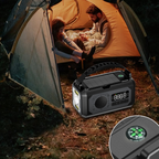 Camping scene with a family inside a tent and a portable Tiverno Emergency Radio on the ground.