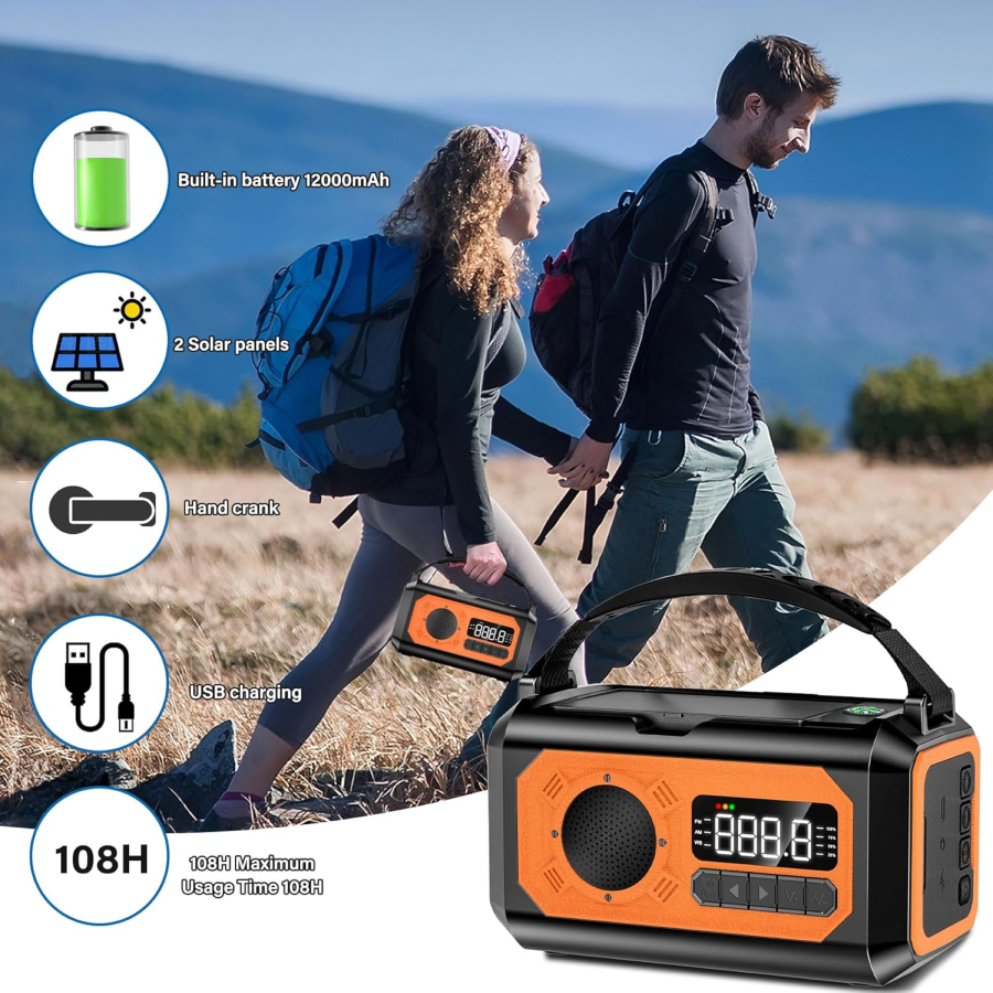Tiverno Emergency Radio Portable power station with features highlighted, shown with hikers in the background.