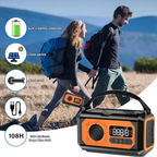 Tiverno Emergency Radio Portable power station with features highlighted, shown with hikers in the background.