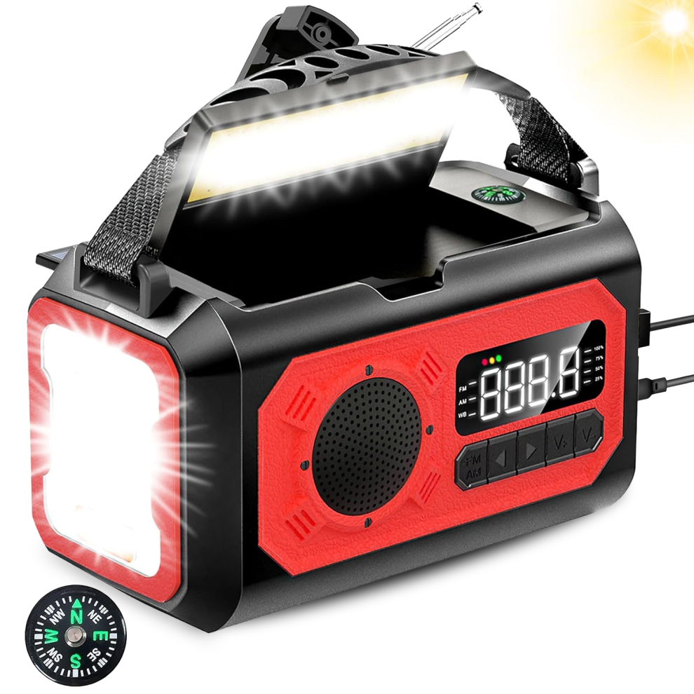 Multifunctional device with flashlight, Tiverno Emergency Radio, and compass on a white background