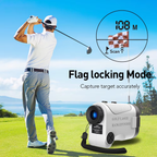 Golf player on a course with a Tiverno Golf Rangefinder displaying distance to a flag.