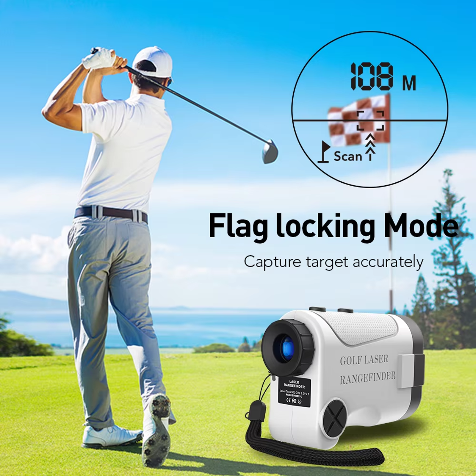 Golf player on a course with a Tiverno Golf Rangefinder displaying distance to a flag.