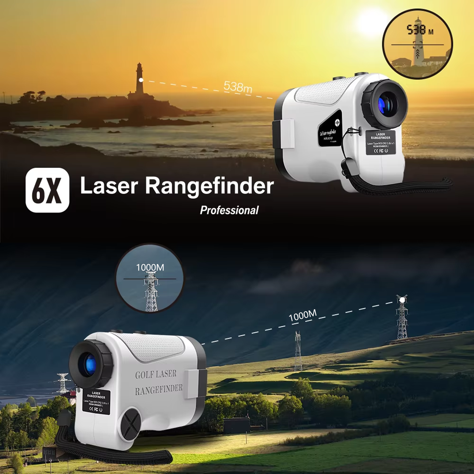 Tiverno Golf Rangefinder with sunset and lighthouse background