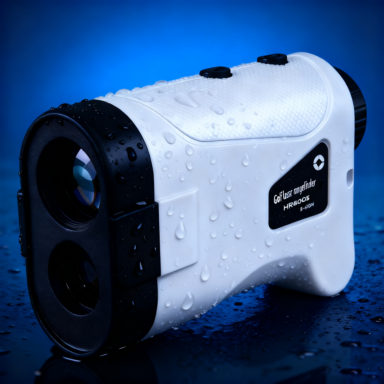 White and black Tiverno Golf Rangefinder with water droplets on a blue background