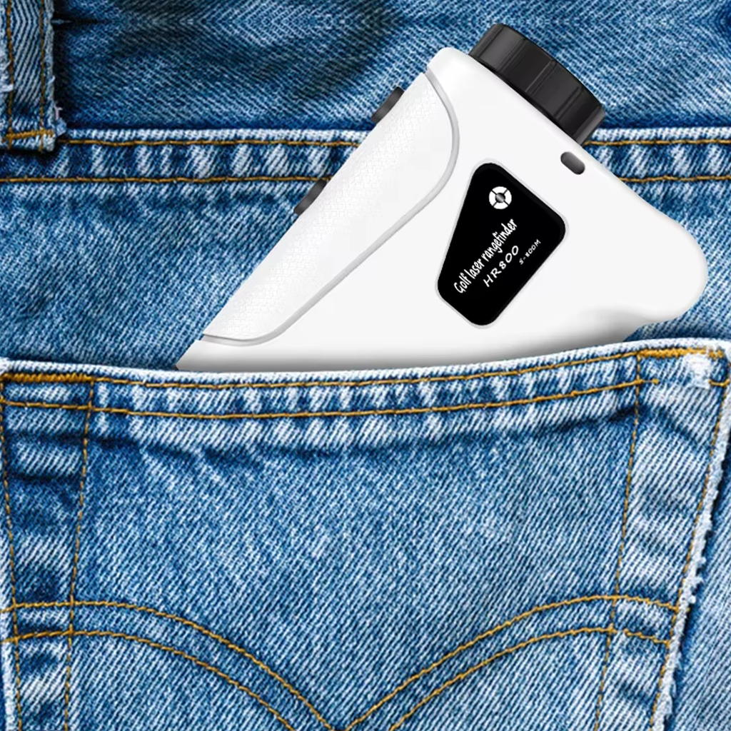 White Tiverno Golf Rangefinder with a black label on blue denim jeans