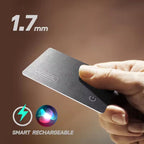 Hand holding a small rectangular Tiverno Apple MFi Certified Wallet Tracker Card with '1.7 mm' text and 'Smart Rechargeable' label on a dark background.