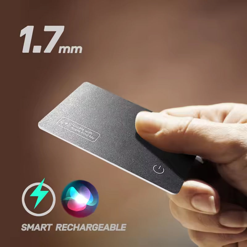 Hand holding a small rectangular Tiverno Apple MFi Certified Wallet Tracker Card with '1.7 mm' text and 'Smart Rechargeable' label on a dark background.