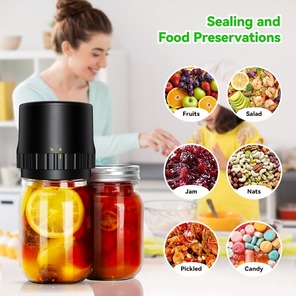 Person using a canning Tiverno Electric Mason Jar Vacuum Sealer with jars filled with food, surrounded by images of preserved foods.