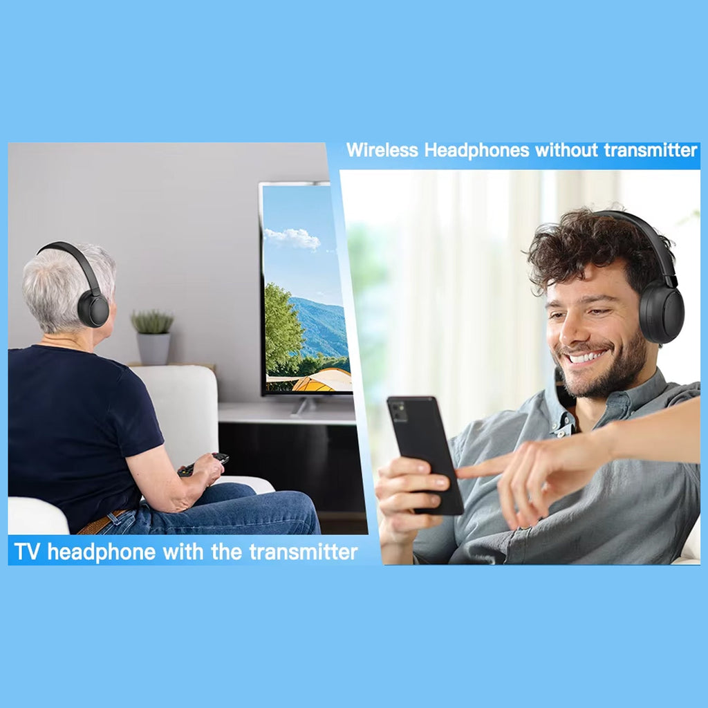 Two people wearing wirreless Tiverno TV Headphones with a TV in the background, one using a transmitter and the other without.