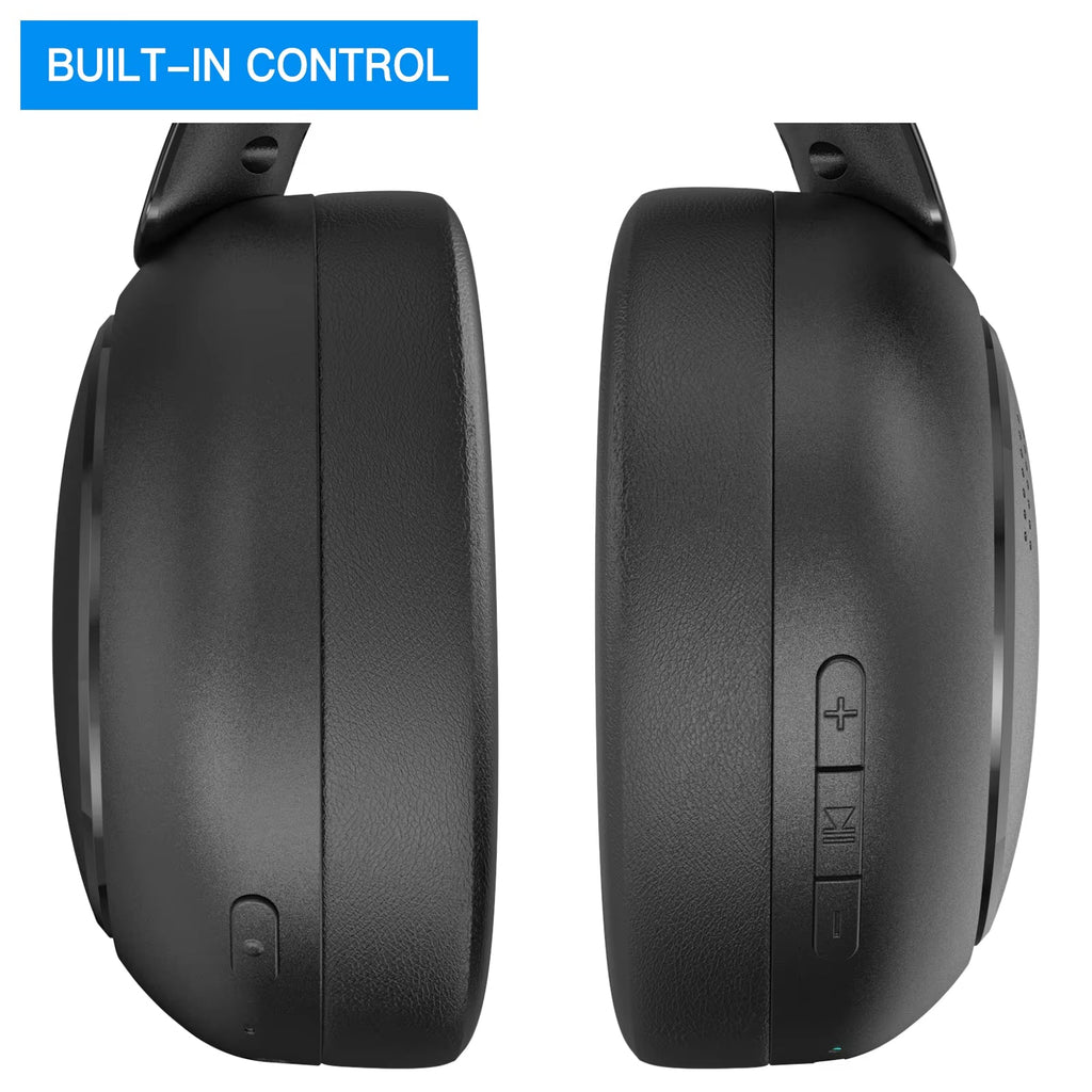 Black Tiverno TV Headphones with control buttons on a white background