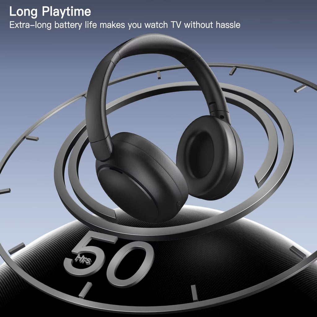Black Tiverno TV Headphones on a circular timer with '50' indicating long playtime, against a blue gradient background.