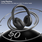 Black Tiverno TV Headphones on a circular timer with '50' indicating long playtime, against a blue gradient background.
