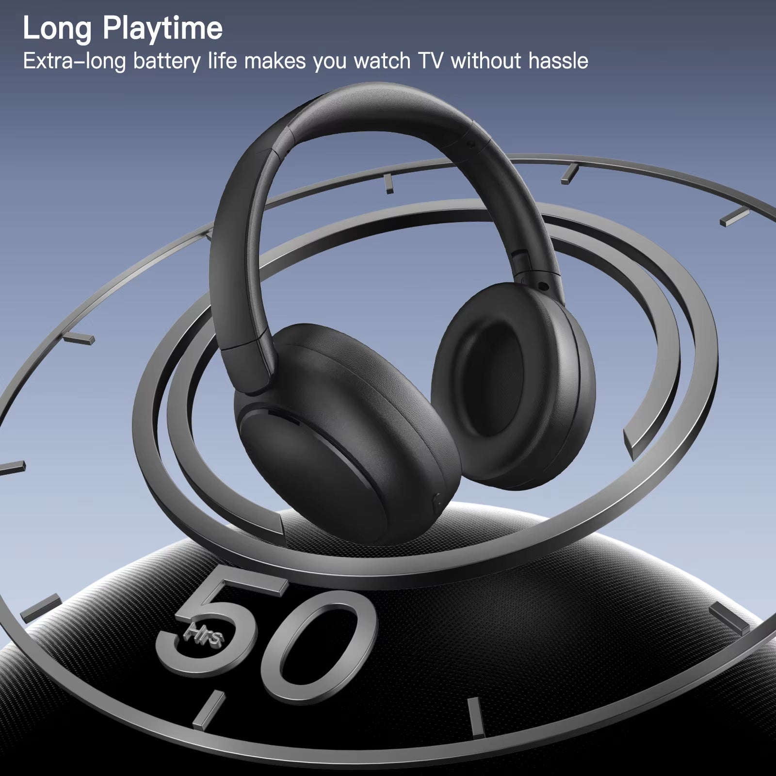Black Tiverno TV Headphones on a circular timer with '50' indicating long playtime, against a blue gradient background.