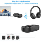 Wireless audio transmitter and receiver system with Tiverno TV Headphones on a white background