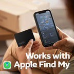 Two hands holding a phone and a Tiverno Apple MFi Certified Wallet Tracker Card with 'Works with Apple Find My' text.