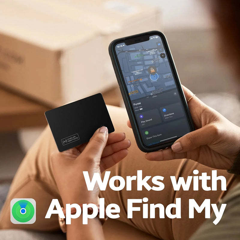 Two hands holding a phone and a Tiverno Apple MFi Certified Wallet Tracker Card with 'Works with Apple Find My' text.