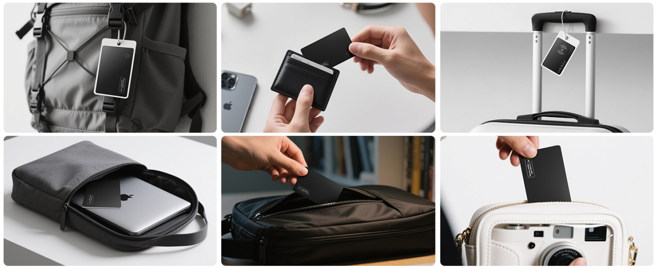 Collage of a phone case being used on various devices including a backpack, suitcase, and camera bag.