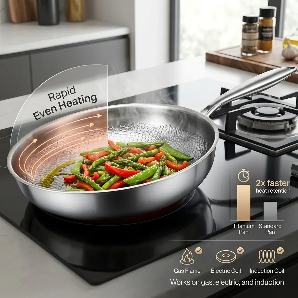 A Tossenium Titanium Frying Pan with a textured exterior sits on a black induction cooktop in a modern kitchen setting. Green beans and red bell peppers are cooking inside.