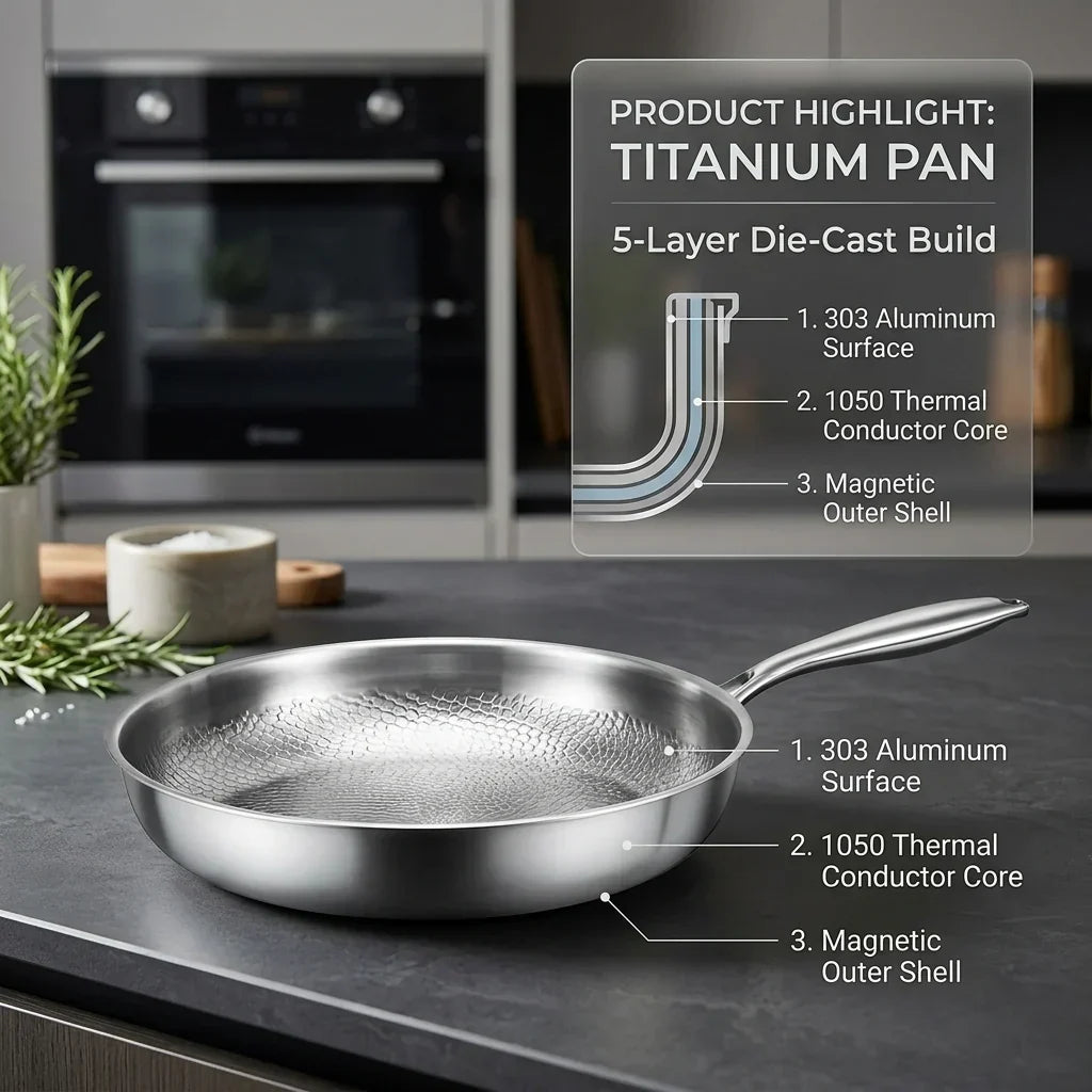 A Tossenium Titanium Frying Pan sits on a dark kitchen countertop with a built-in oven in the background. A semi-transparent product highlight graphic overlays the right side, showing a cross-section diagram labeled for titanium pan materials, with callout lines pointing to the pan's surface and core.