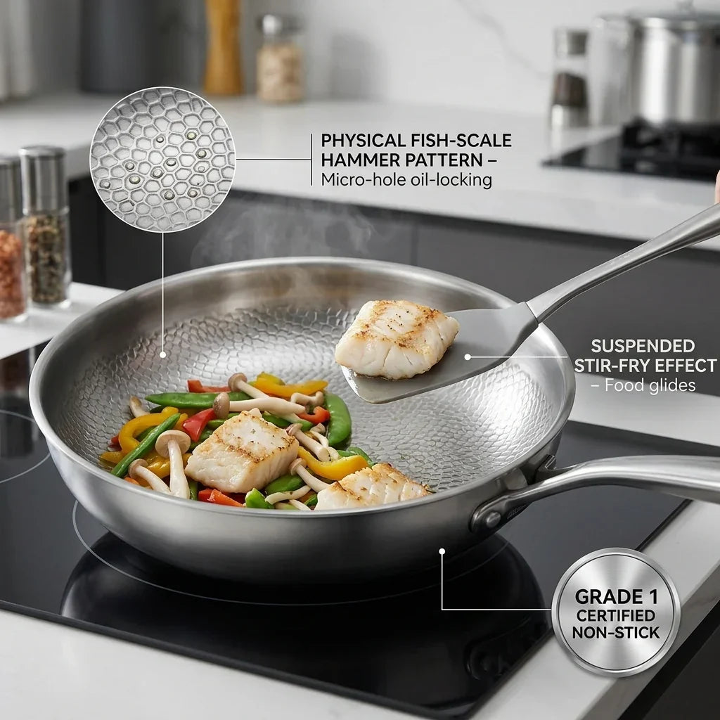 Tossenium Titanium Frying Pan with food on a stove, highlighting features like fish-scale hammer pattern and non-stick coating.