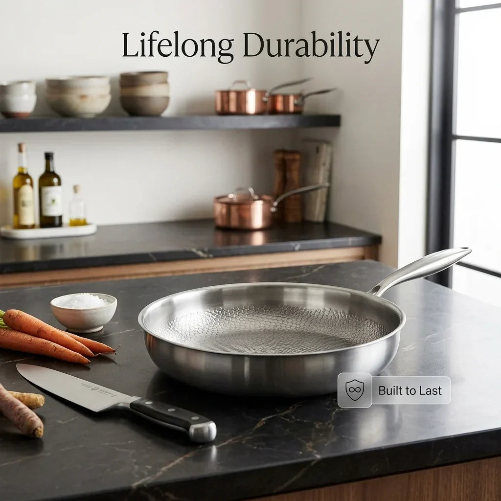 Tossenium Titanium Frying Pan on a kitchen counter with 'Lifelong Durability' text.