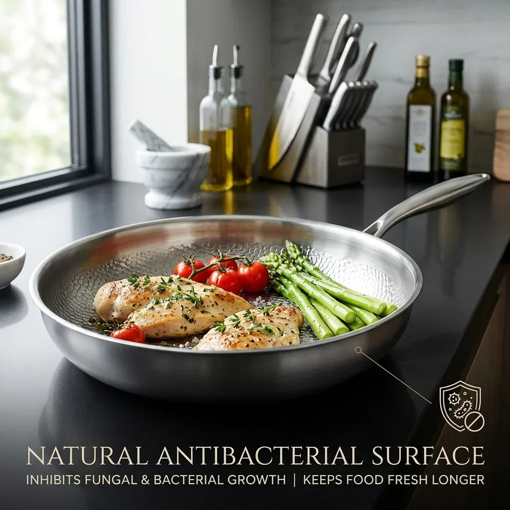 Tossenium Titanium Frying Pan with food on a kitchen counter, featuring a natural antibacterial surface.