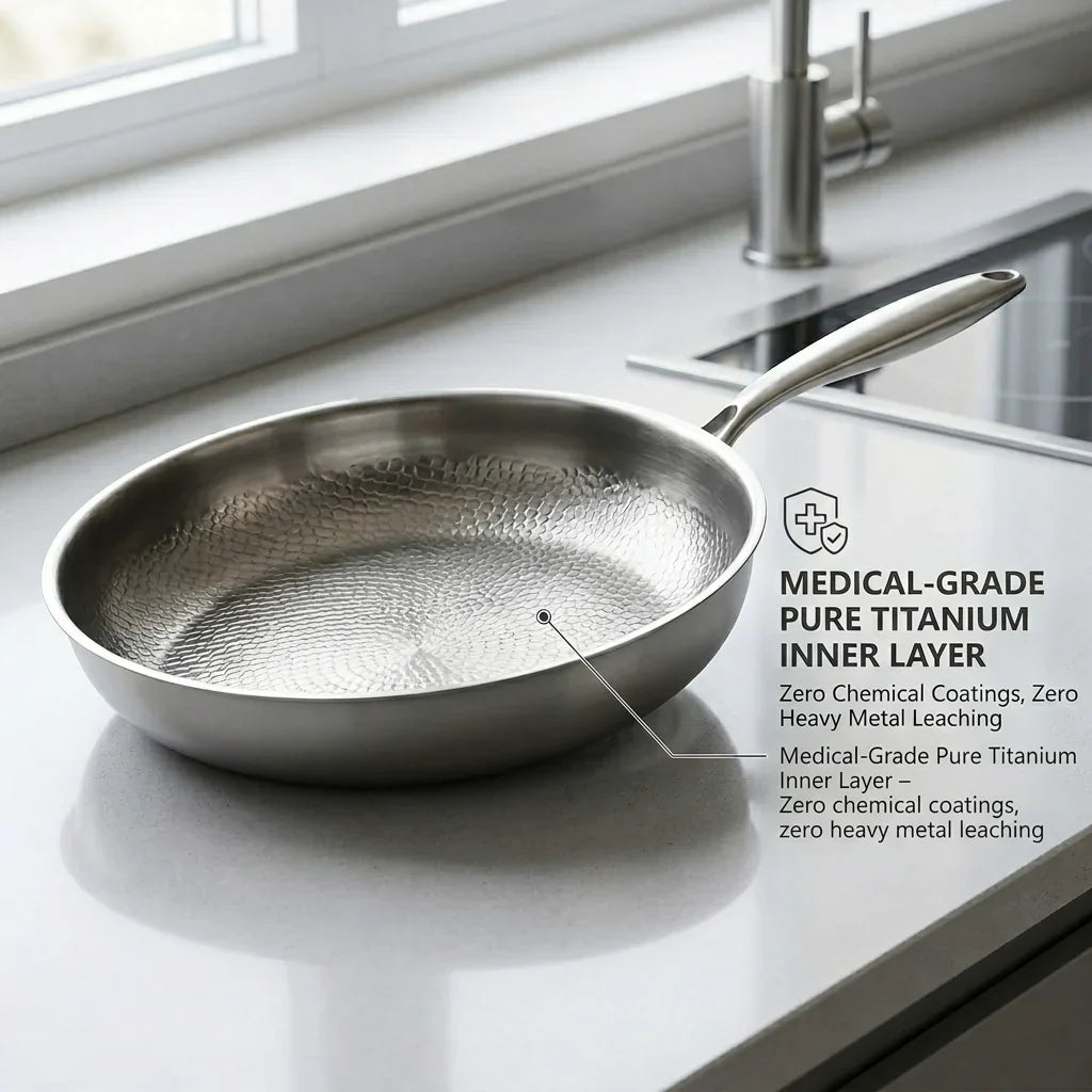 Tossenium Titanium Frying Pan on a kitchen counter with text highlighting its features.