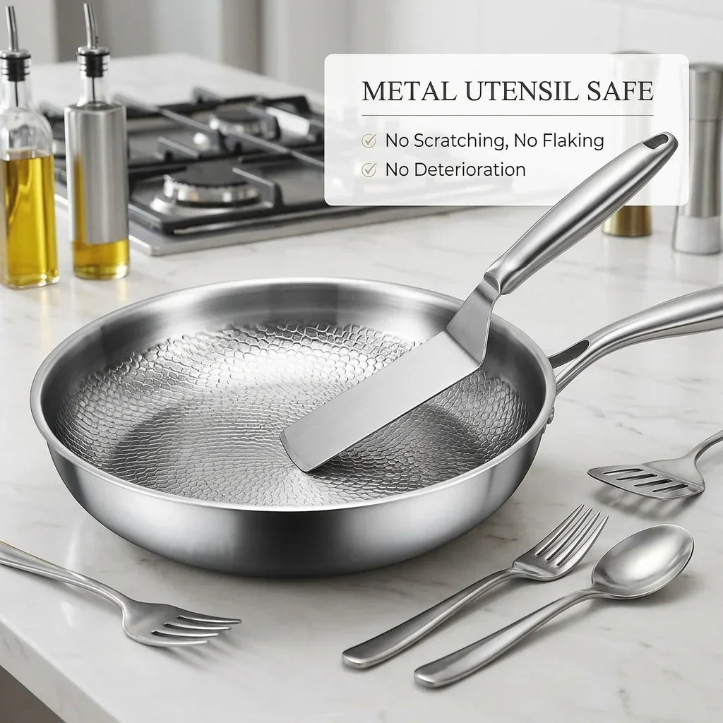 Tossenium Titanium Frying Pan with spatula on a kitchen counter, surrounded by cutlery.