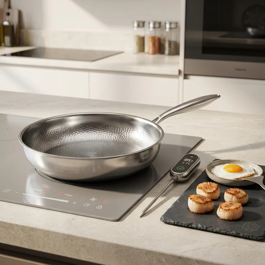 A Tossenium Titanium Frying pan with a hammered interior sits on a glass-ceramic induction cooktop in a modern kitchen setting. A digital food thermometer and a plate of seared scallops with a fried egg are arranged nearby on a countertop.