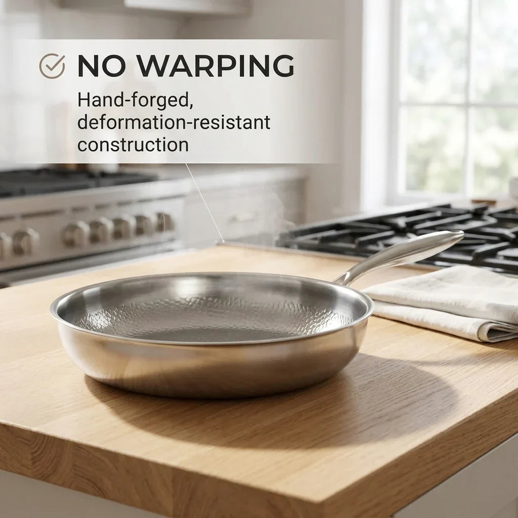 Tossenium Titanium Frying Pan on a kitchen counter with text about no warping.