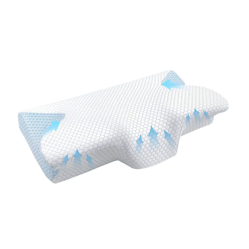 White pillow with blue accents on a white background