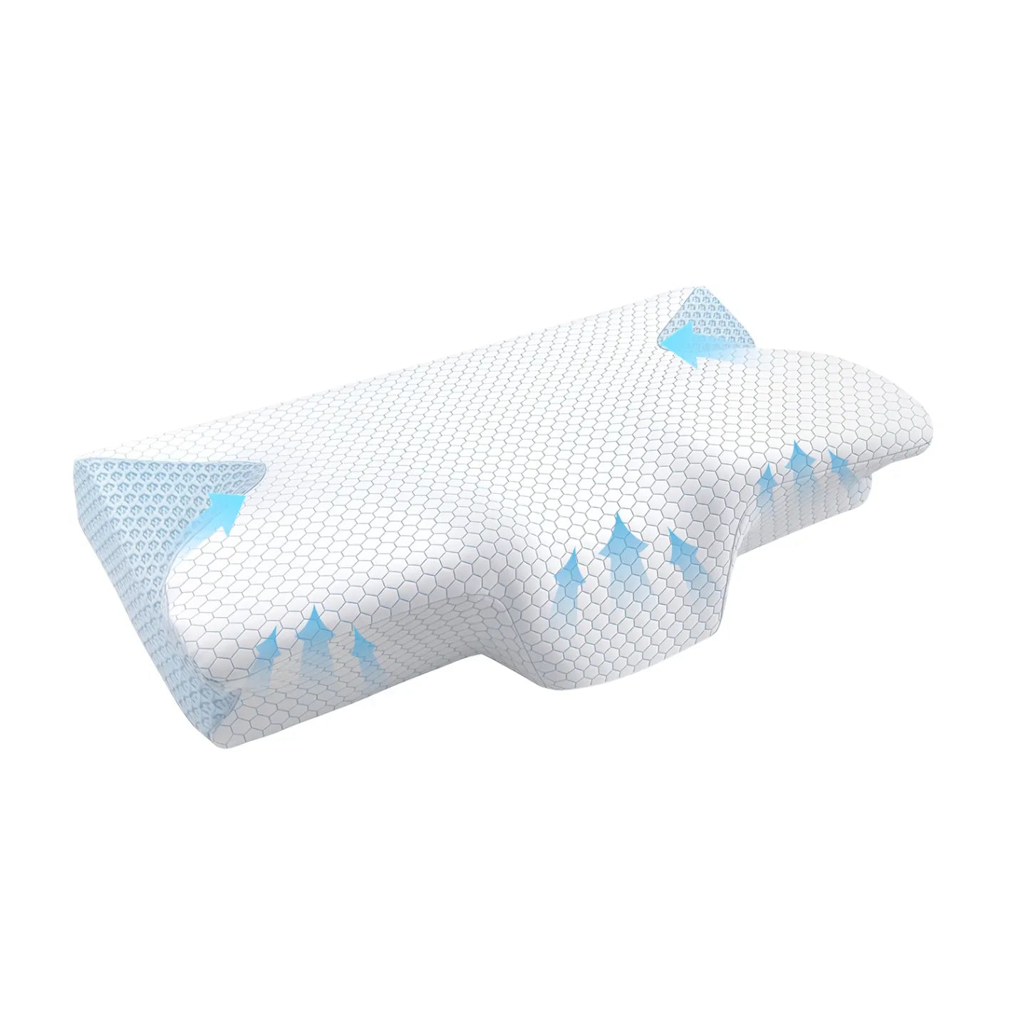 White pillow with blue accents on a white background