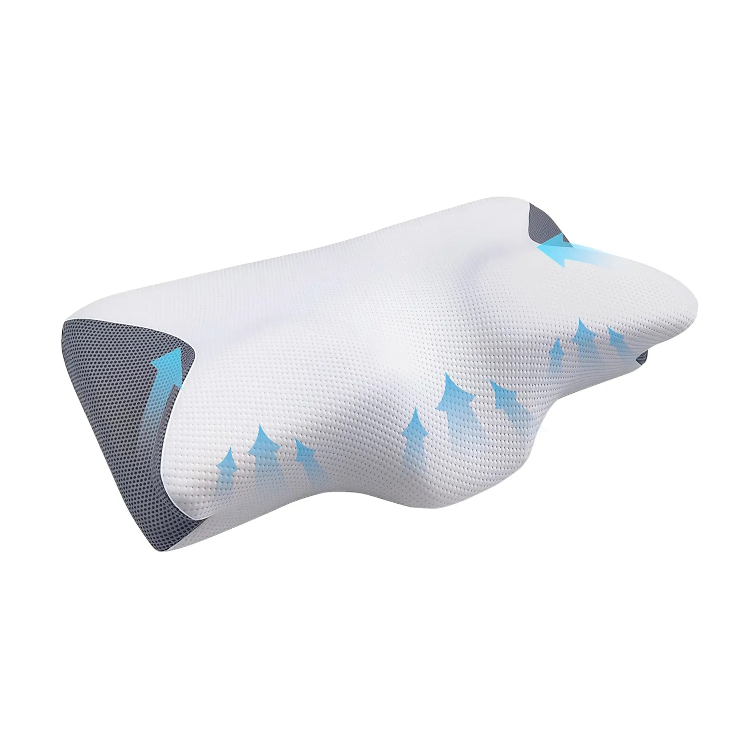 White neck Truevista Memory Foam Pillow with blue accents on a white background
