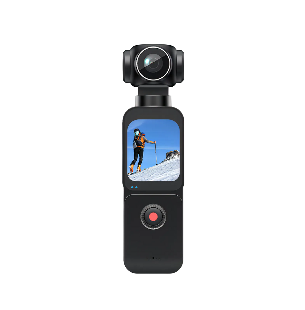 Black VAKODA Pocket 3 Vlog Camera with screen displaying a skier on a mountain, on a white background