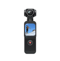 Black VAKODA Pocket 3 Vlog Camera with screen displaying a skier on a mountain, on a white background