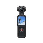 Black VAKODA Pocket 3 Vlog Camera with screen displaying a skier on a mountain, on a white background