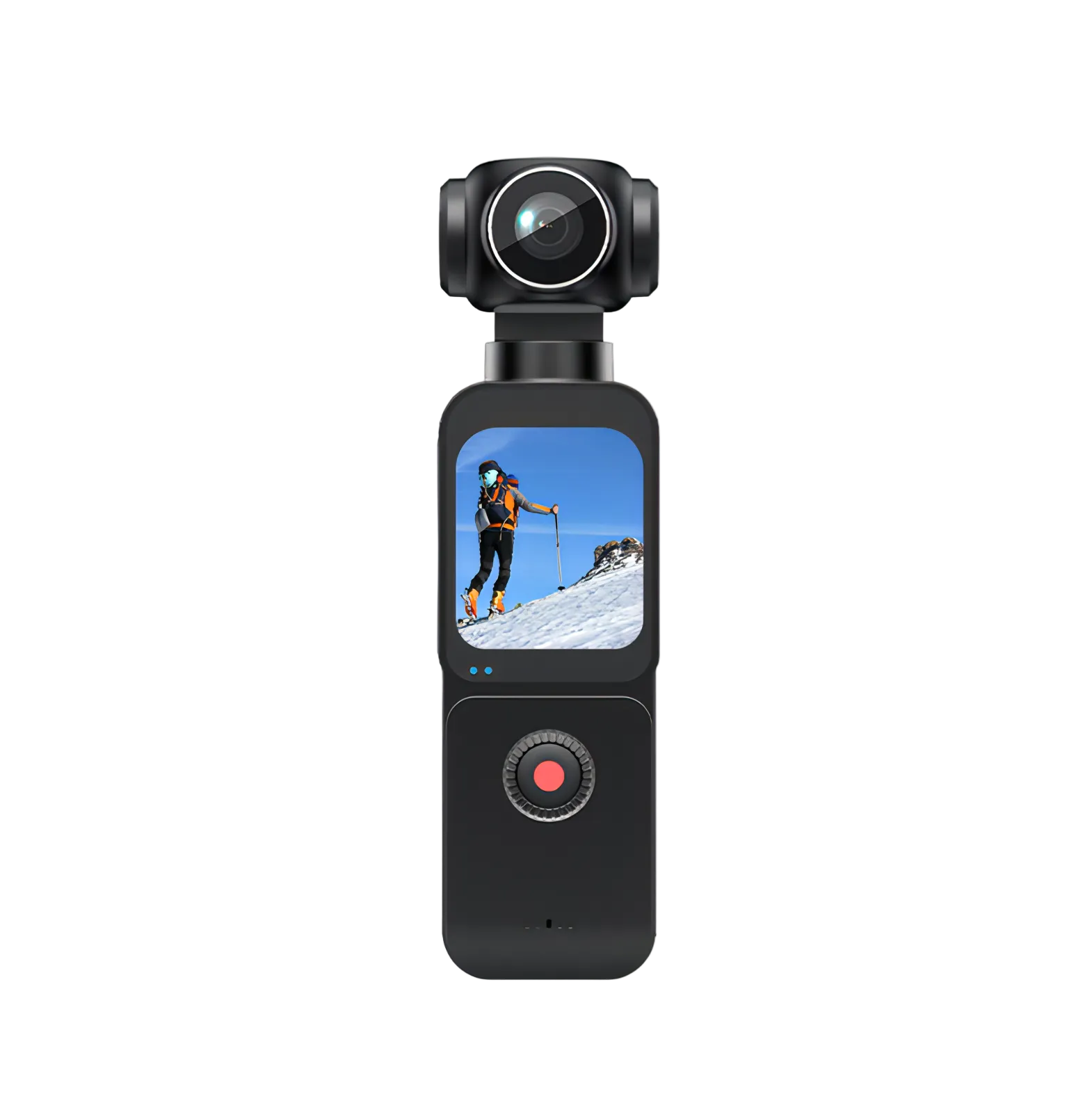 Black VAKODA Pocket 3 Vlog Camera with screen displaying a skier on a mountain, on a white background