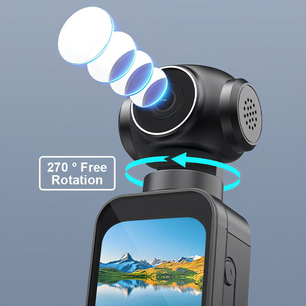 VAKODA Pocket 3 Vlog Camera with 270-degree free rotation feature on a gray background