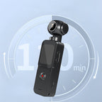 Black VAKODA Pocket 3 Vlog Camera with a screen on a light blue background