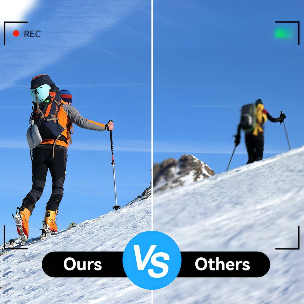 Two skiers on a snowy slope with 'Ours VAKODA Pocket 3 Vlog Camera vs Others' text overlay.