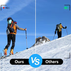Two skiers on a snowy slope with 'Ours VAKODA Pocket 3 Vlog Camera vs Others' text overlay.