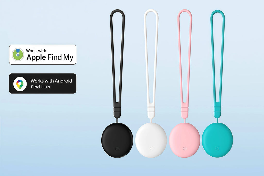 Vakoda Item Tracker wide feature banner showing precise location tracking one-tap sound alert Apple Find My Google Find Hub and 365 day battery