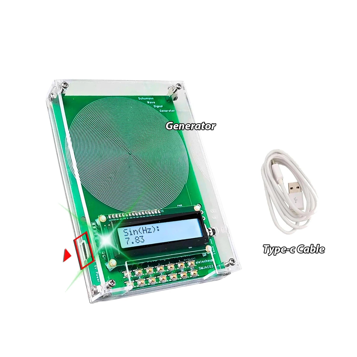 VanotCine Frequency Generator with a digital display and USB cable on a white background