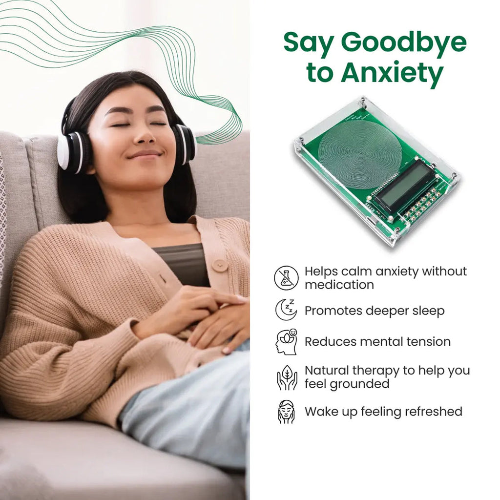 Woman wearing headphones with text 'Say Goodbye to Anxiety' and VanotCine Frequency Generator image on a white background