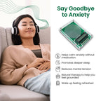 Woman wearing headphones with text 'Say Goodbye to Anxiety' and VanotCine Frequency Generator image on a white background